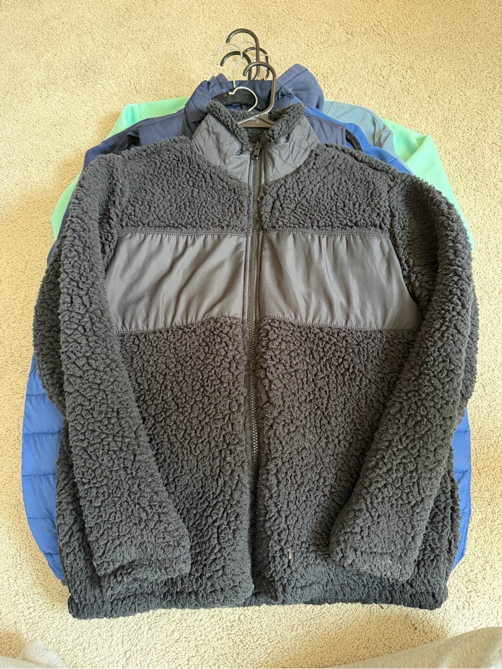 Black Sherpa Full-Zip Jacket with Quilted Panel